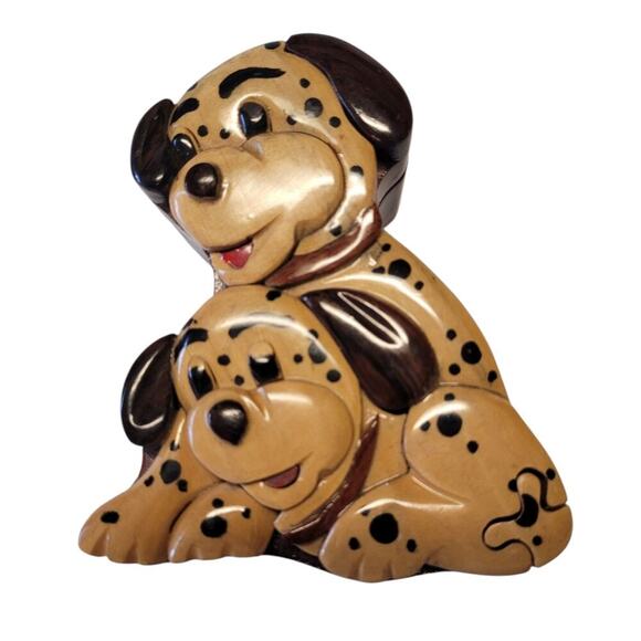 Dalmatian Wooden Puzzle Box Red Felt Lined Lacquered 3 Pieces Puppy Dog Trinket - Picture 1 of 11